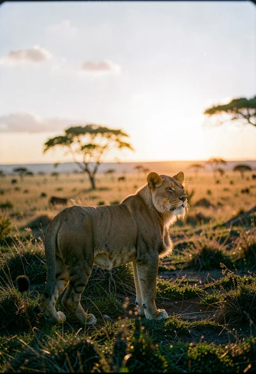 A Lioness Watching The Plains At Sunrise, 35mm Film Still, L...