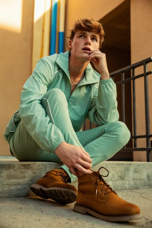 A 20-year-old Male Model Seated On A Concrete Ledge In An Ur...