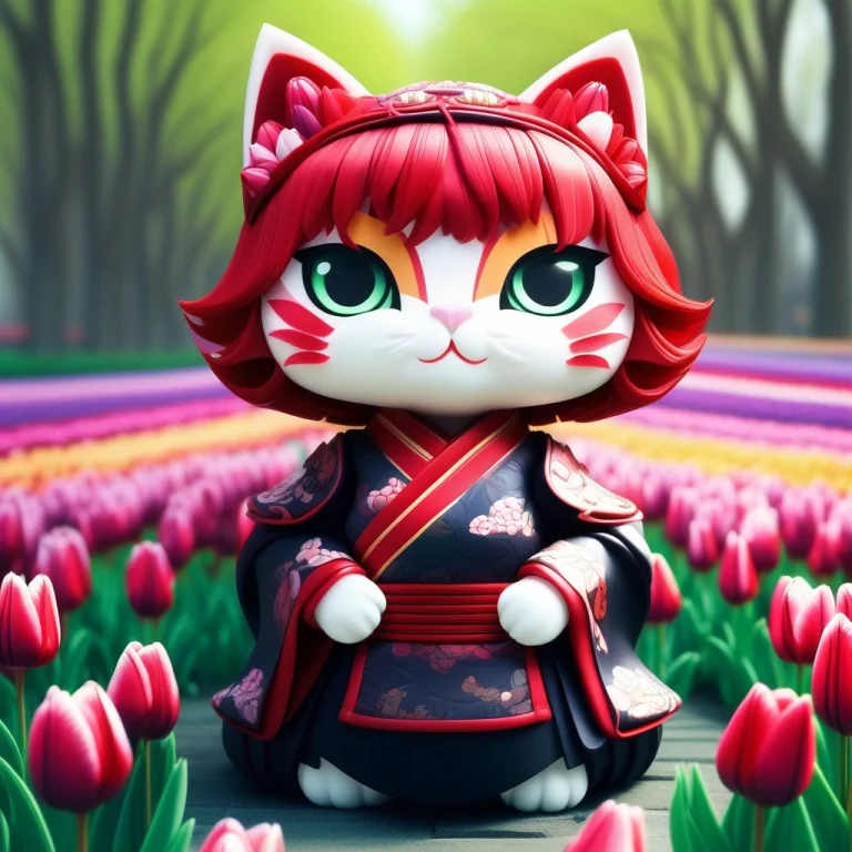 A 3d Chibi Anime Red Hair Cat Girl Wear Tulips Samurai Dress...