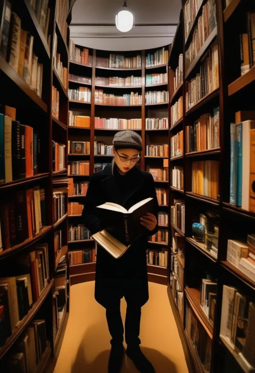 A Bookseller Reading Among Towering Shelves, Portrait Photog...