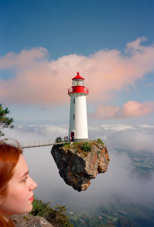 A Lighthouse Perched Atop A Floating Rock, Levitating High I...