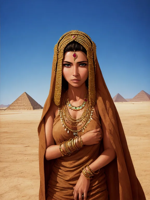 Egyptian Woman Wearing Intricate Gold Jewelry, Desert Town,...