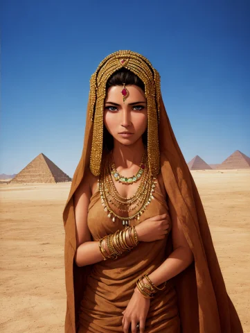Egyptian Woman Wearing Intricate Gold Jewelry, Desert Town,... — Stable Diffusion AI Prompt: egyptian woman wearing intricate gold jewelry, desert town, pyramid, by Yoshiyuk...