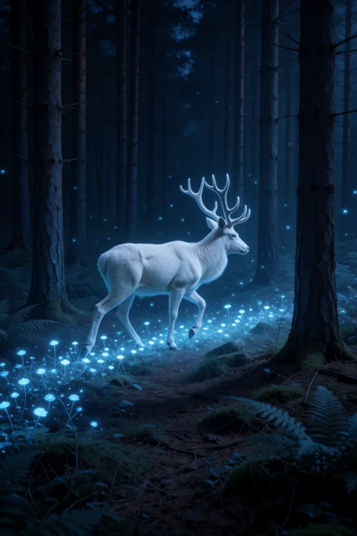 A Majestic White Stag Walking Slowly Through A Dark Pine For...