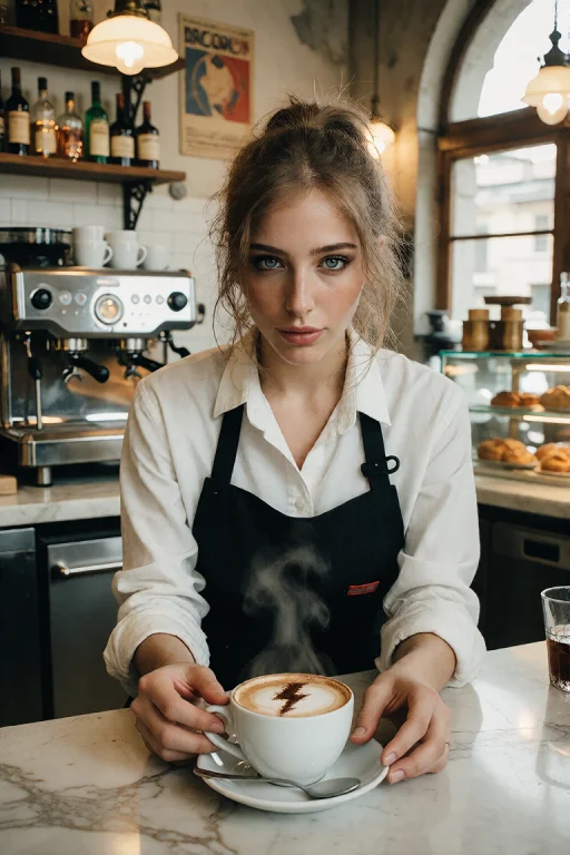 A Radiant Barista With A Warm, Genuine Smile, Looking Direct...