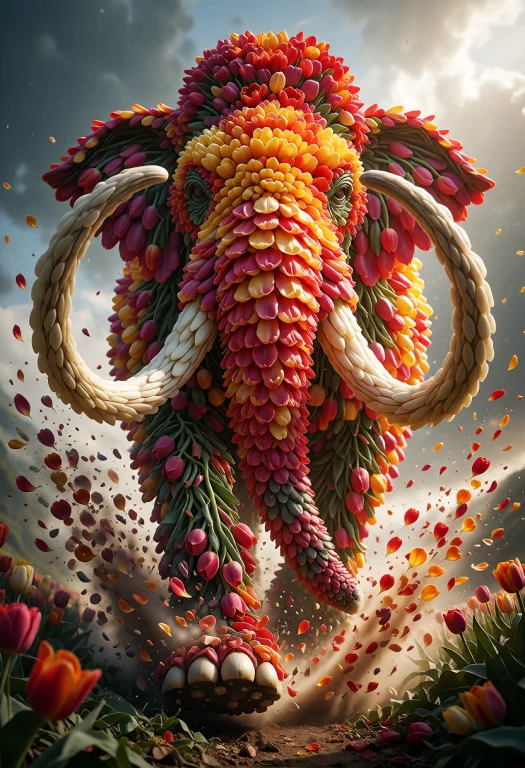 A Colossal Mammoth Entirely Constructed From Vibrant Tulip F...