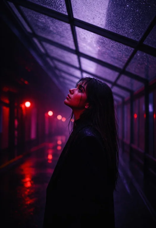 A Woman Standing Beneath A Rain-darkened Glass Ceiling, Viol...