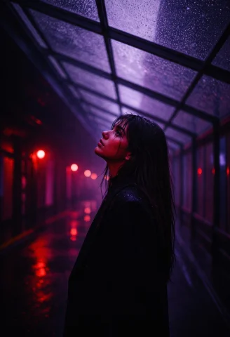 A Woman Standing Beneath A Rain-darkened Glass Ceiling, Viol... — Stable Diffusion AI Prompt: A woman standing beneath a rain-darkened glass ceiling, violet light slowly blee...