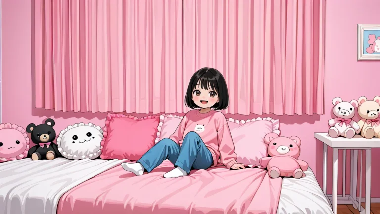 Pink Sweater,blue Pants,black Hair,brown Eyes,white Socks,bo...