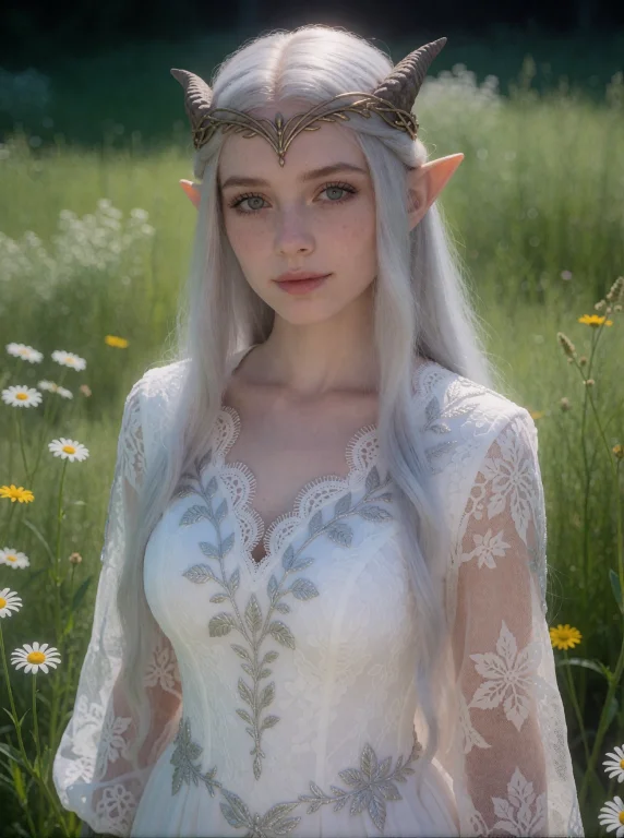 Portrait Of A Gentle Elf With Long Silver Hair And Small Hor...