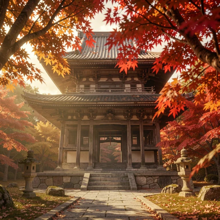 A Japanese Temple Framed By Autumn Maples, Physically Based...