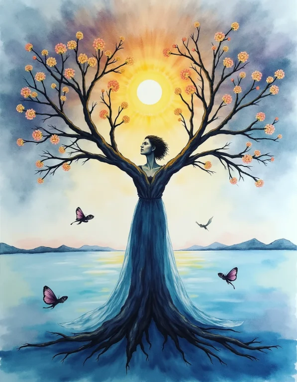 A Surreal Watercolor Painting Where A Woman Is Transformed I...