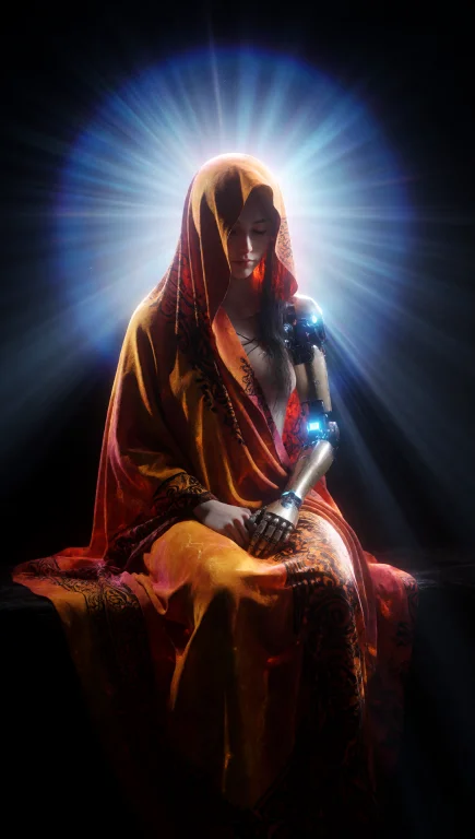 A Photorealistic Depiction Of A Seated Young Woman Draped In...