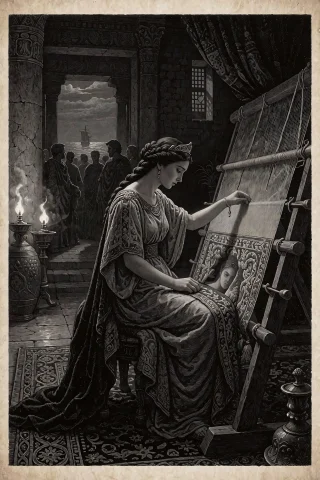 Dark Fantasy Etching Illustration Of The Faithful Queen Pene... — Stable Diffusion AI Prompt: Dark fantasy etching illustration of the faithful queen Penelope, based on Homer...