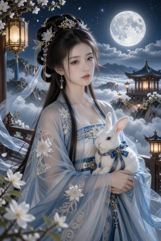 写实电影感人像摄影，中秋月圆之夜的云海仙境中，一位二十二岁左...