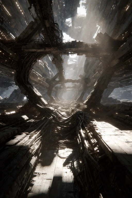A Dramatic Low-angle Shot Inside A Colossal Space Station Do...