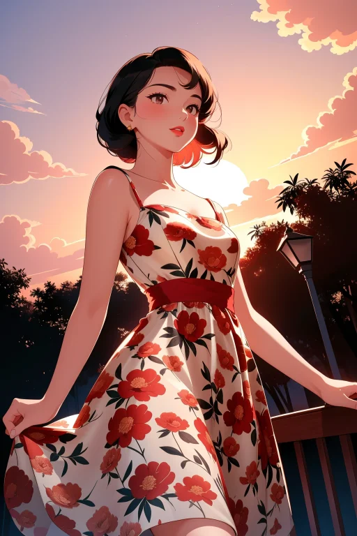 1girl, Lorar3tr0fl0r4l0.7 R3tr0fl0r4l, Floral Pattern, Retro...