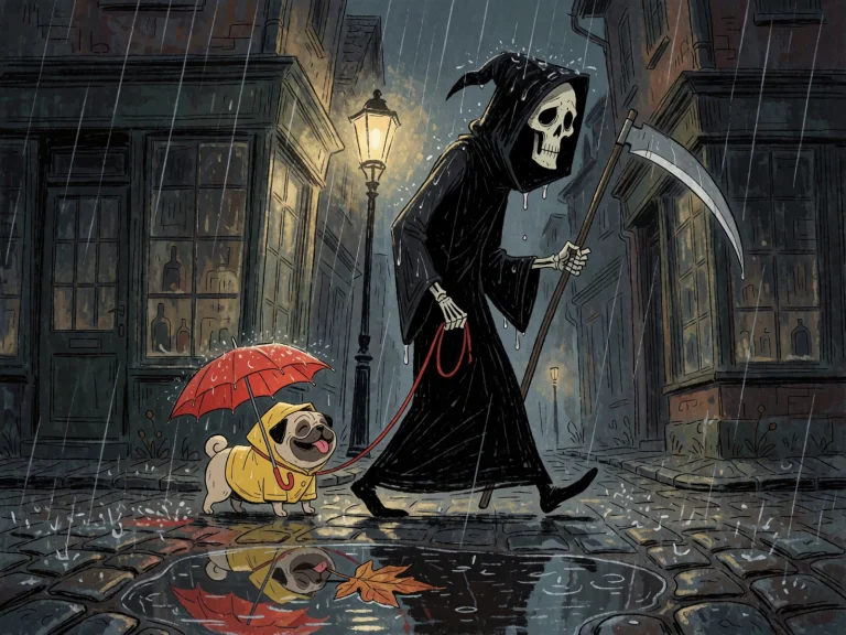 An Illustration Of Death, The Grim Reaper, Walking A Pug In...