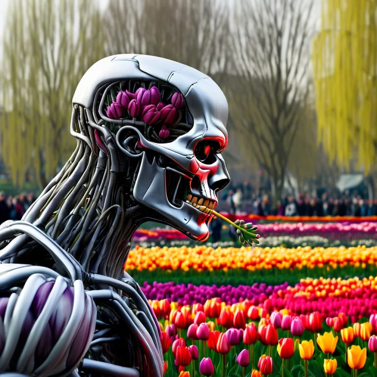 Terminator Smelling A Tulip, Side View, With A Tulip Park In...