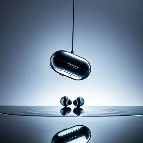 Loratechlevitationfloatv10.80, Techlevitate, A Wireless Earb... — SDXL AI Prompt: , techlevitate, a wireless earbuds case floating and levitating above a reflecti...