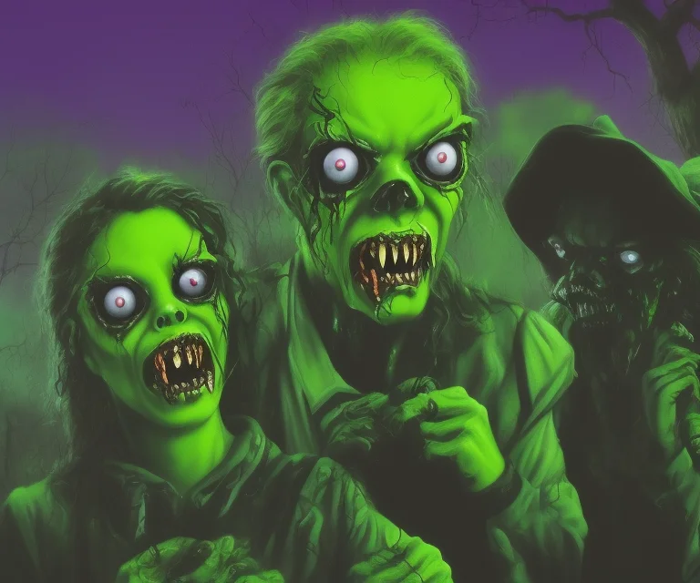 Green Zombies Walking Down The Street In A Suburb On Hallowe...