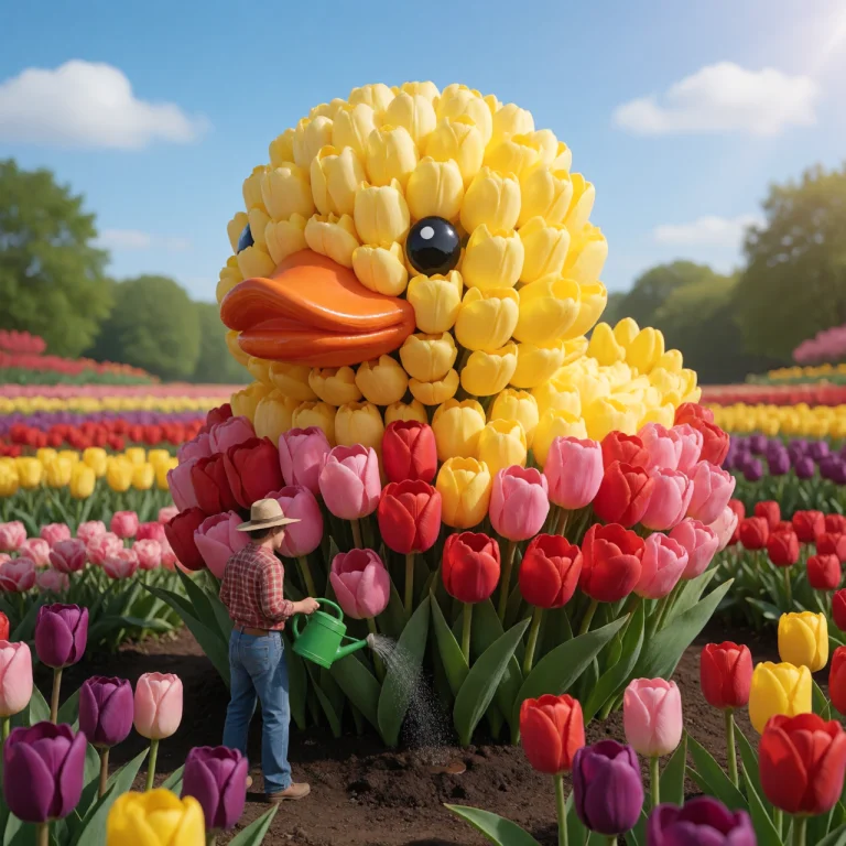A Giant Yellow Rubber Duck Completely Made Of Tulip Flowers,...
