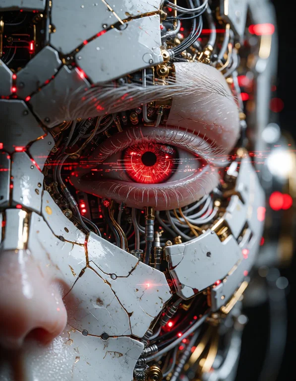 A Macro View Of A Cyborgs Face Where The White Plating Is Cr...