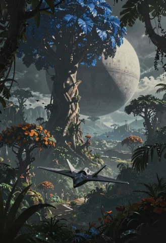 This Is A Panoramic Shot Set In A Lush Alien Jungle On A Dis... — Stable Diffusion AI Prompt: This is a panoramic shot set in a lush alien jungle on a distant moon, with intr...