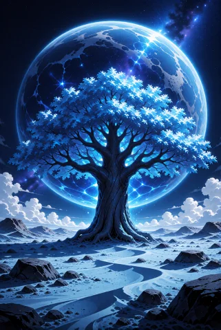 A Monolithic, Ancient Cosmic Tree With A Thick, Gnarled Dark... — Stable Diffusion AI Prompt: A monolithic, ancient cosmic tree with a thick, gnarled dark blue trunk and a wi...