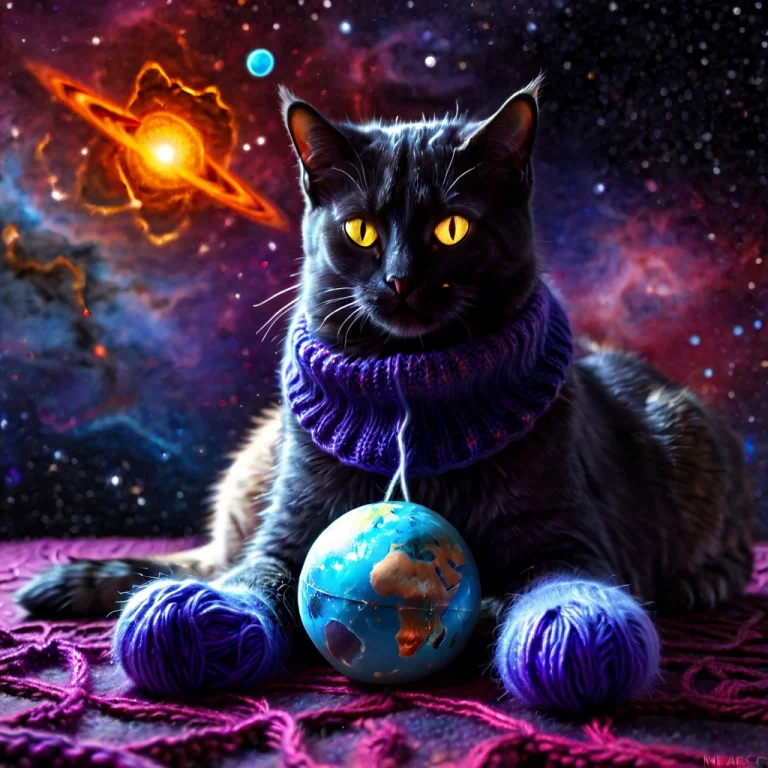 Cosmic Cat Knitting With A Planet