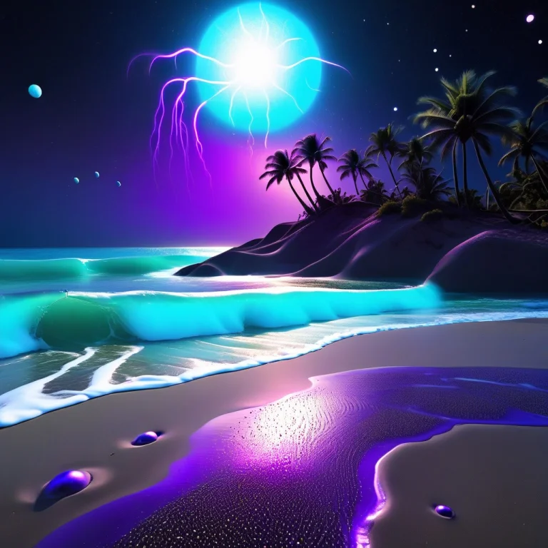 Beach, Cosmic Background With Stars, Purple Palm Tree, Purpl...