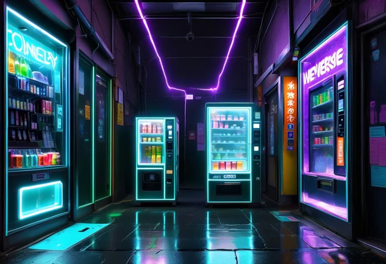 A Lonely Japanese Beverage Vending Machine In A Dark Rainy A...