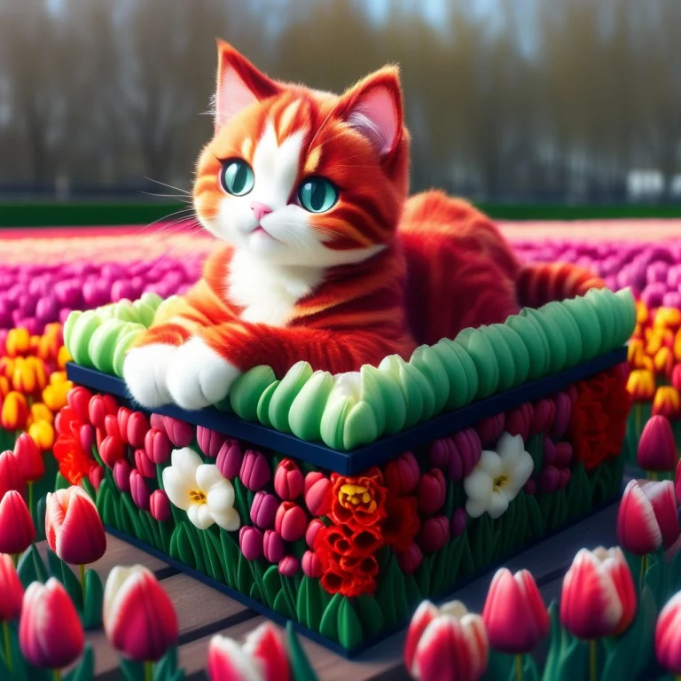 A Chibi Anime Red Hair Cat Girl Lay On A Tulips Box Jaynl-tm...