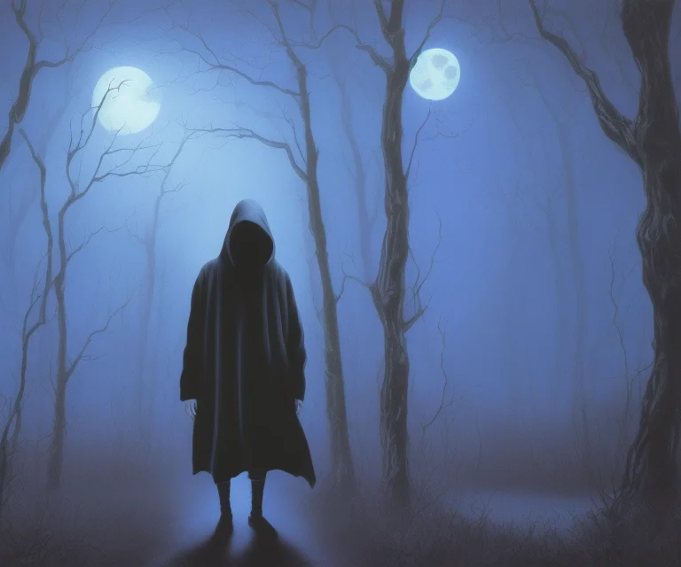 A Hooded Old Man Walking Through A Dark Blue Forest, Full Mo...