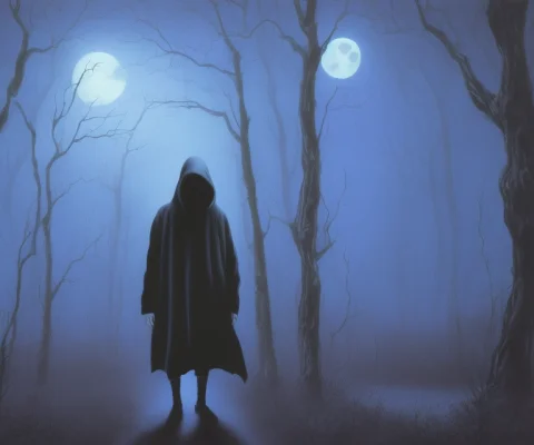 A Hooded Old Man Walking Through A Dark Blue Forest, Full Mo... — Stable Diffusion AI Prompt: a hooded old man walking through a dark blue forest, full moon, neundies style