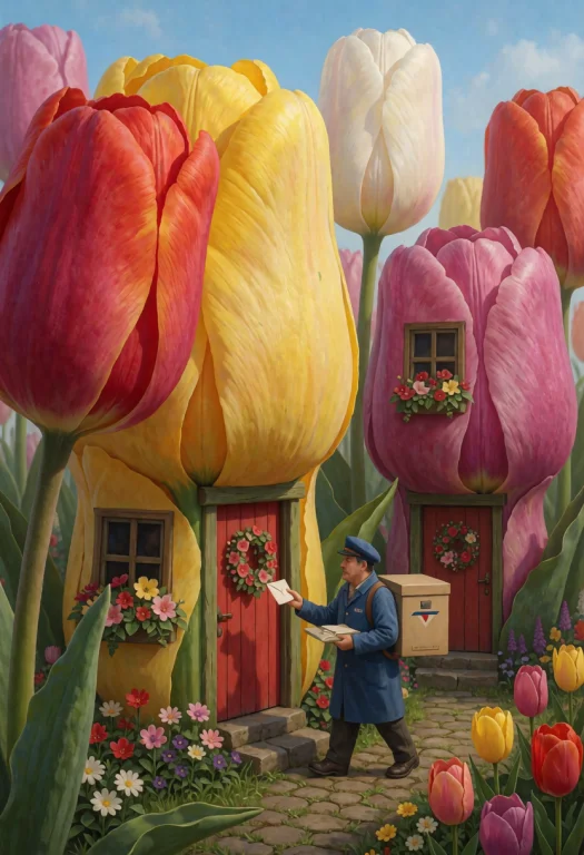 Jaynl-tm,tulips,postal Worker Walking Through A Strange Vill...