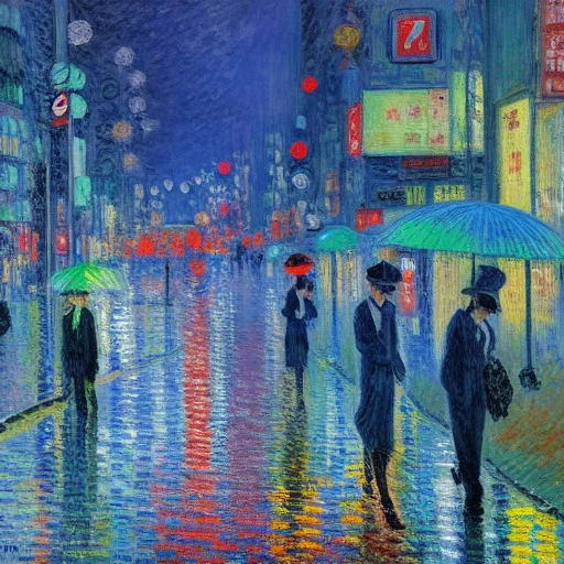 Tokyo Street In Soft Rain, Neon Lights Blurred In Puddles, F...