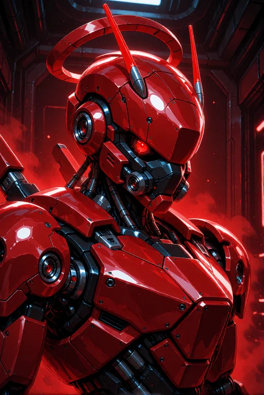 A Red Mecha Android With A Sleek, Robotic Design. The Androi...