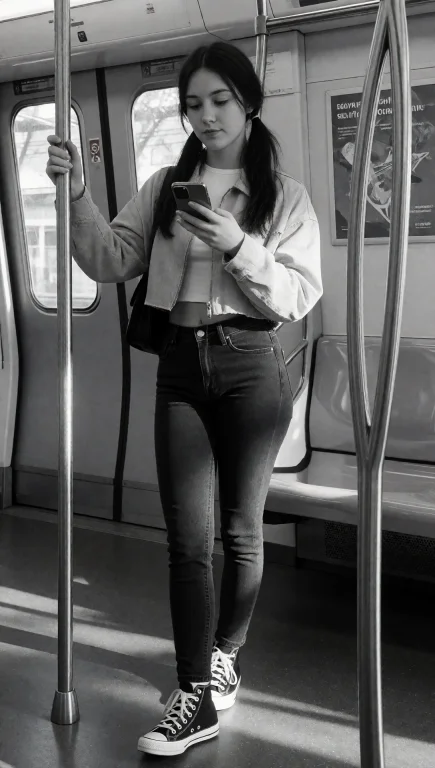 A Young Woman With Dark Hair Styled In Two Pigtails Stands I...