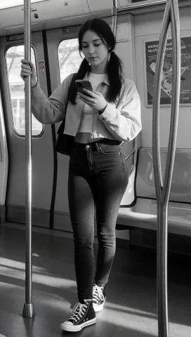 A Young Woman With Dark Hair Styled In Two Pigtails Stands I... — Stable Diffusion AI Prompt: A young woman with dark hair styled in two pigtails stands inside a subway car,...