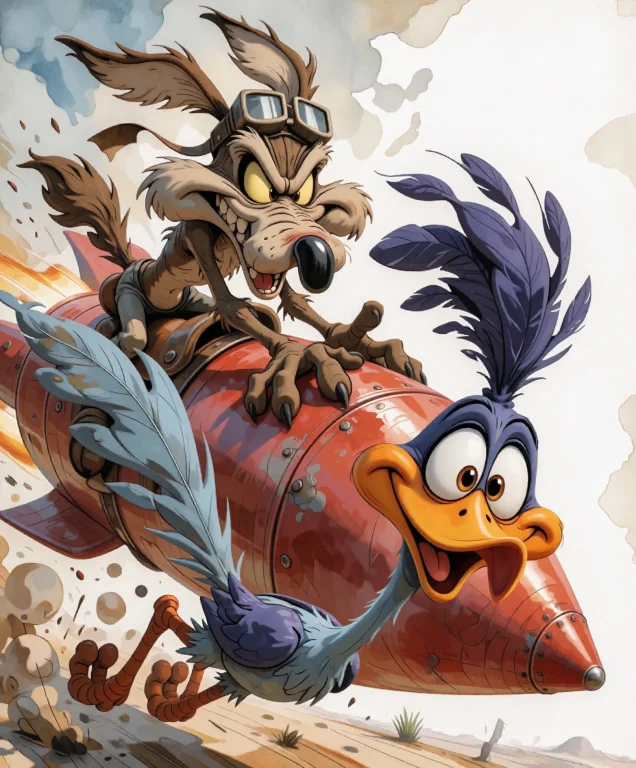 Roadrunner Chased By Wile E. Coyote Who Is Riding A Red Rock...