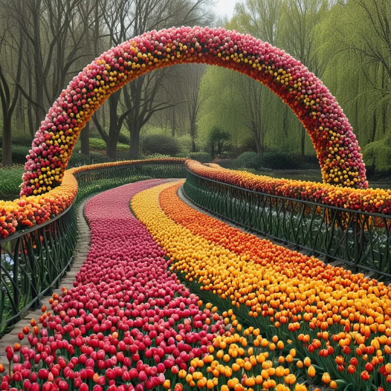 A Grand Arch Bridge Composed Entirely Of Vibrant Tulip Bloom...