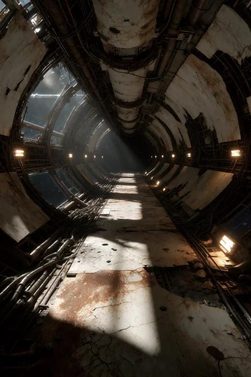 A Dramatic Overhead Shot Of An Abandoned Space Station Corri...