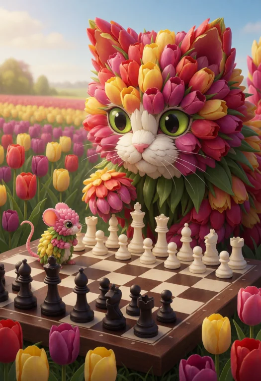 Jaynl-tm,made Of Tulips,giant Cat Made Of Tulips Playing Che...