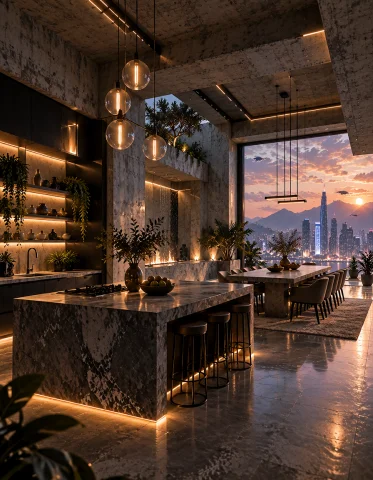 Loratraining2617621-20260925123913776-a3031 Z1os, Brutalist... — Stable Diffusion AI Prompt: z1os, brutalist luxury kitchen and dining room, raw concrete interior, large is...