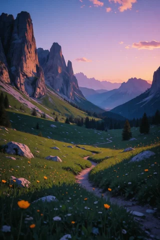 Nature, A Photorealistic Landscape Of The Dolomites Mountain... — Stable Diffusion AI Prompt: nature, A photorealistic landscape of the Dolomites mountains at twilight, featu...