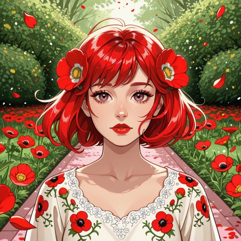 A Woman With Hazel Eyes, Red Lips, Floral Embroidery, Poppy...