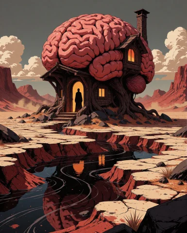 Surreal Hyperreal Digital Artwork, The Organic Brain-shaped... — Stable Diffusion AI Prompt: Surreal hyperreal digital artwork, the organic brain-shaped house stands at the...