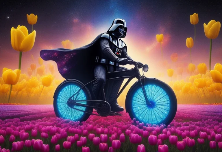 Darth Vader Riding A Bicycle Bathed In Blue And Purple Cosmi...