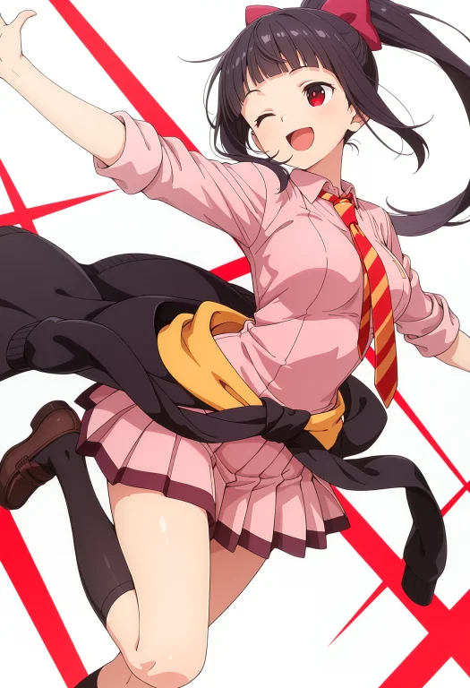 D0d0nk0p9cnr, 1girl, Ponytail, Long Hair, Hair Bow, Black Ha...